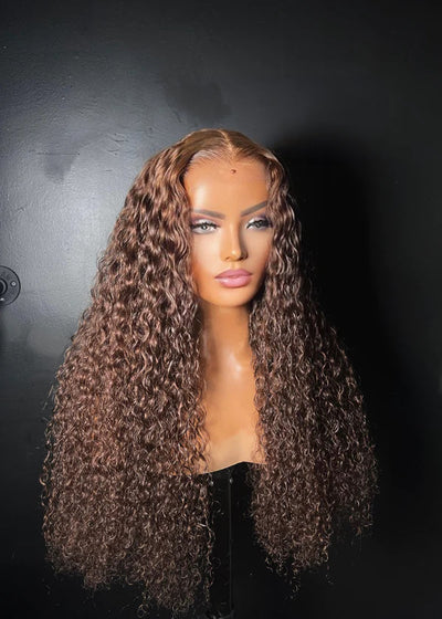 CRYSTAL <p > Brown Curly Custom Color Glueless HD Closure Wig