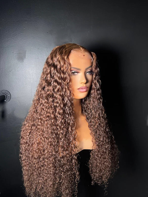 CRYSTAL <p > Brown Curly Custom Color Glueless HD Closure Wig